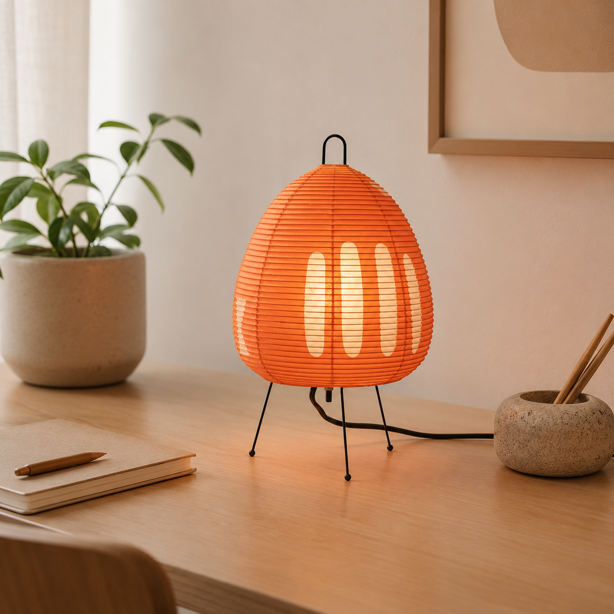 Orange table lamp on a wooden surface with a plant and notebook in the background