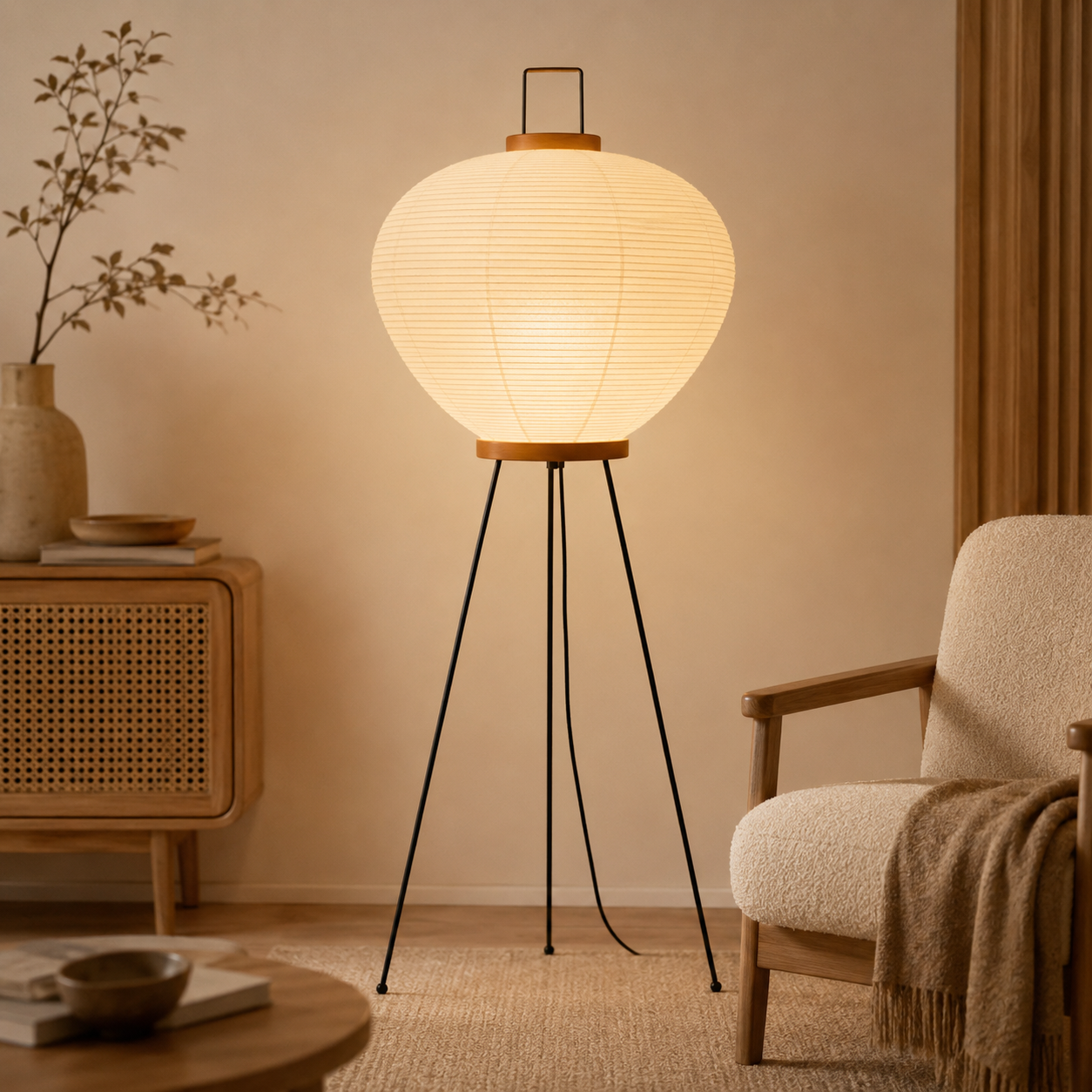 Floor lamp with a warm light in a cozy living room setting.