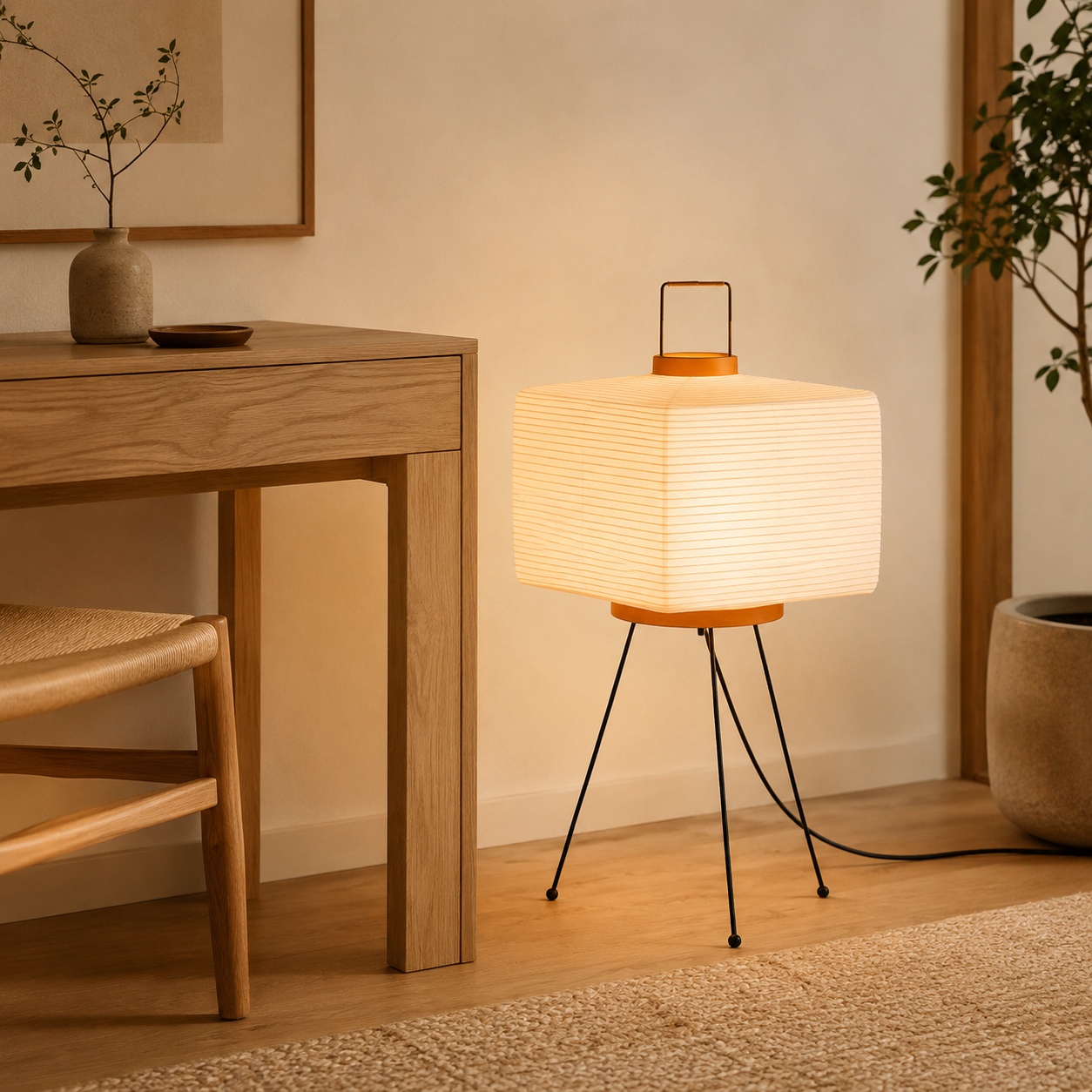 Modern tripod lamp with a wooden base and white shade in a room setting.