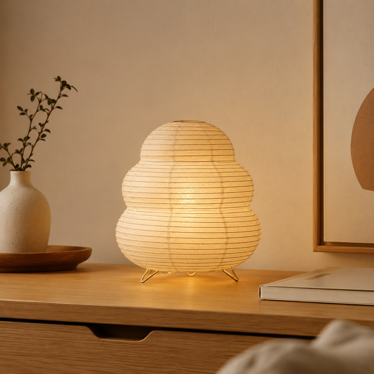 Woven table lamp on a wooden surface with a vase and framed picture in the background
