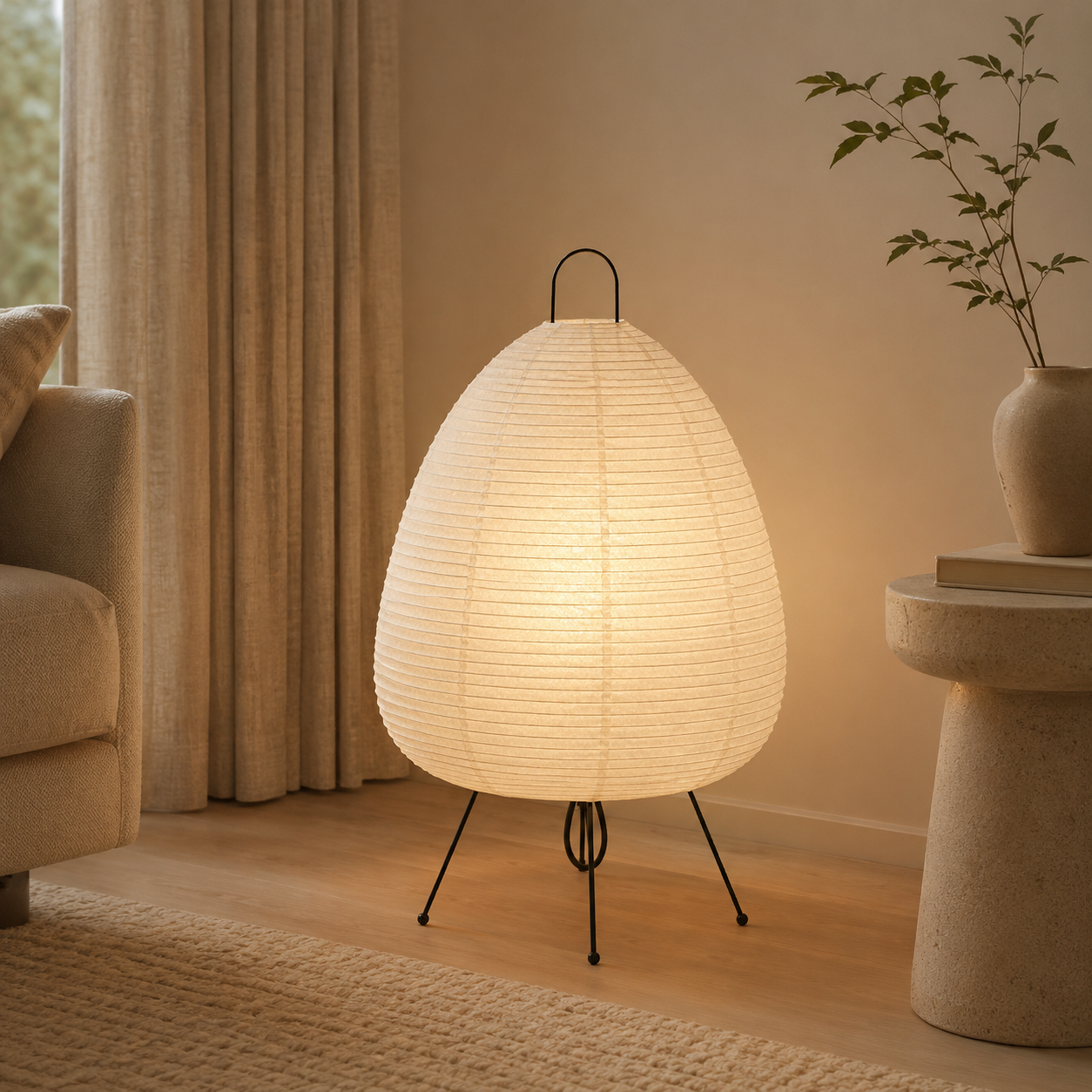 Floor lamp with a soft glow in a cozy living room setting.