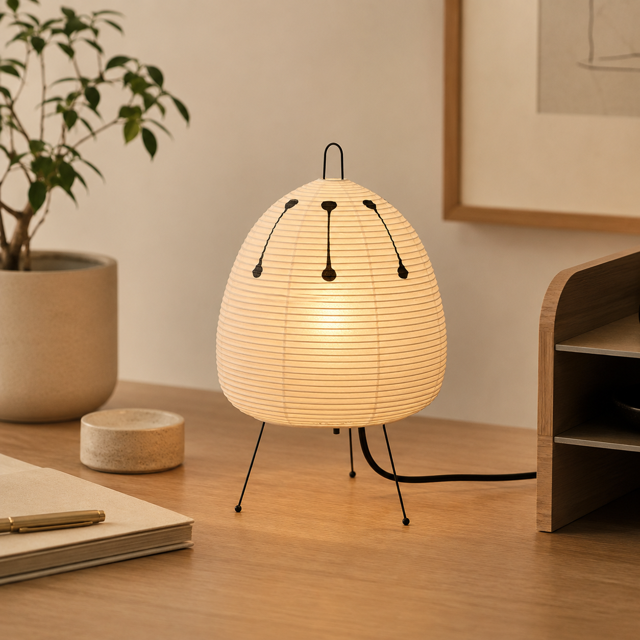 Woven table lamp on a wooden surface with a plant and notebook in the background