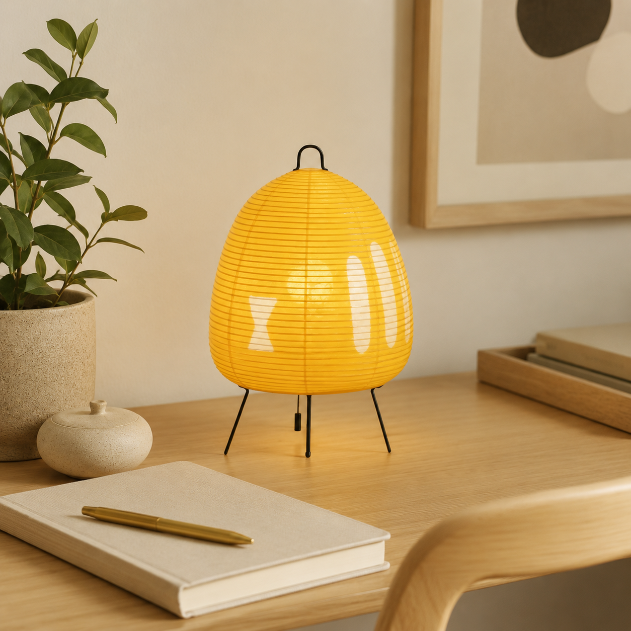 Yellow lamp on a wooden table with a plant and notebook in the background