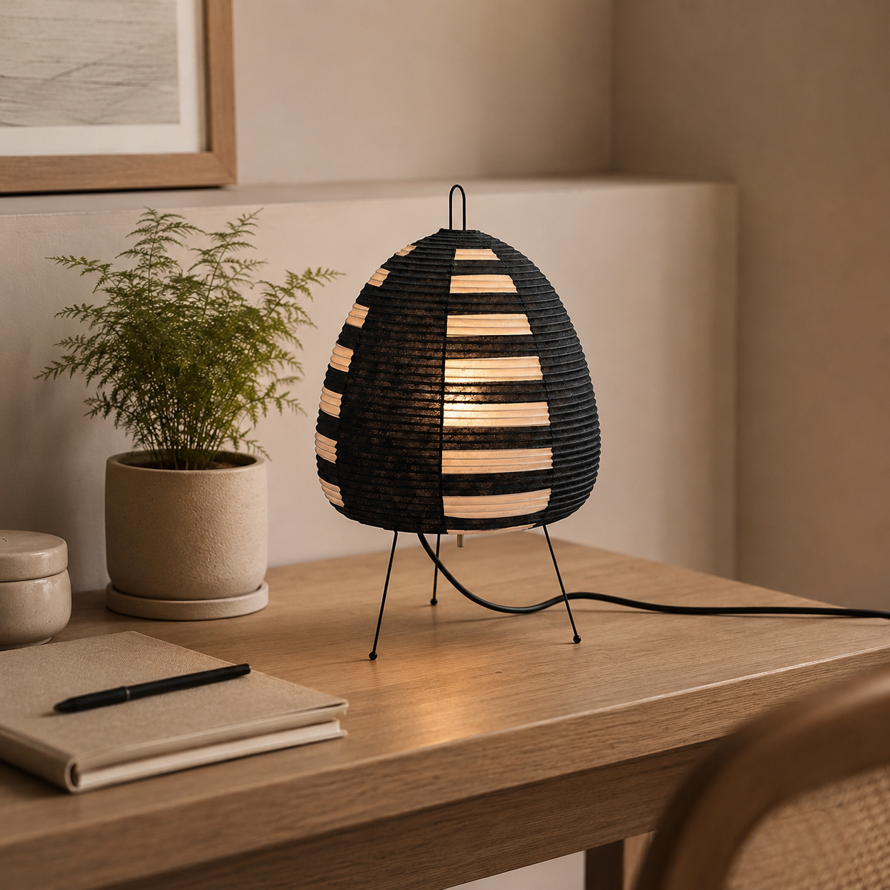 Woven table lamp on a wooden surface with a plant and notebook in the background